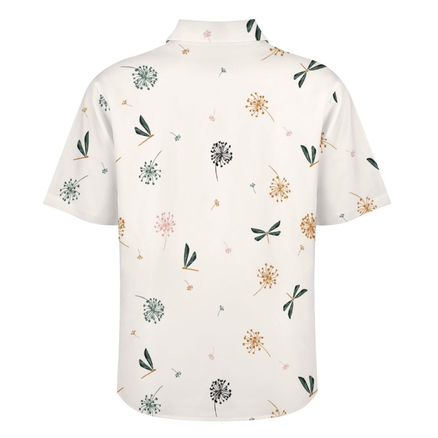 Short Sleeve Shirt With Water Wind Blow Flowers and Dragonflies.