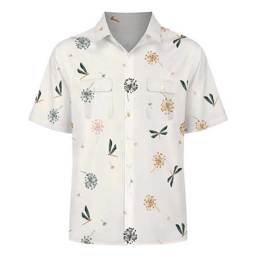 Short Sleeve Shirt With Water Wind Blow Flowers and Dragonflies.