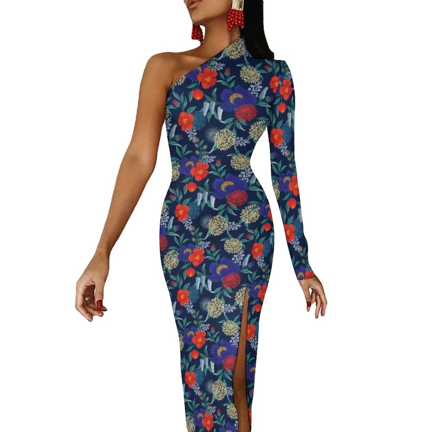 One Shoulder Floral Split Dress