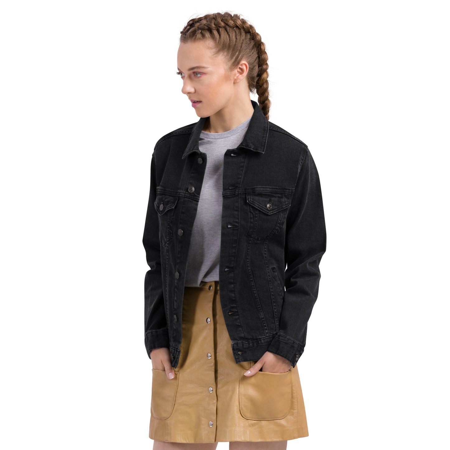 Women denim jacket with letter embroidery design.