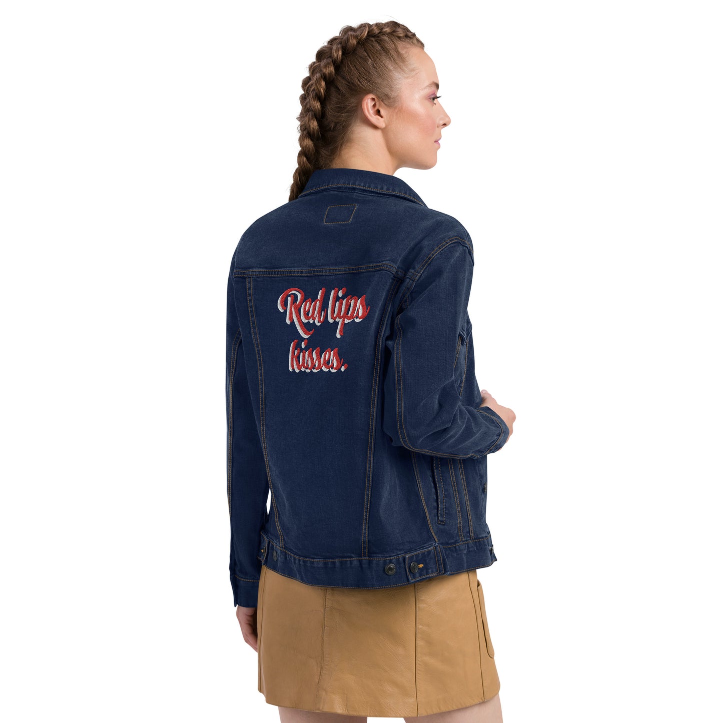 Women denim jacket with letter embroidery design.
